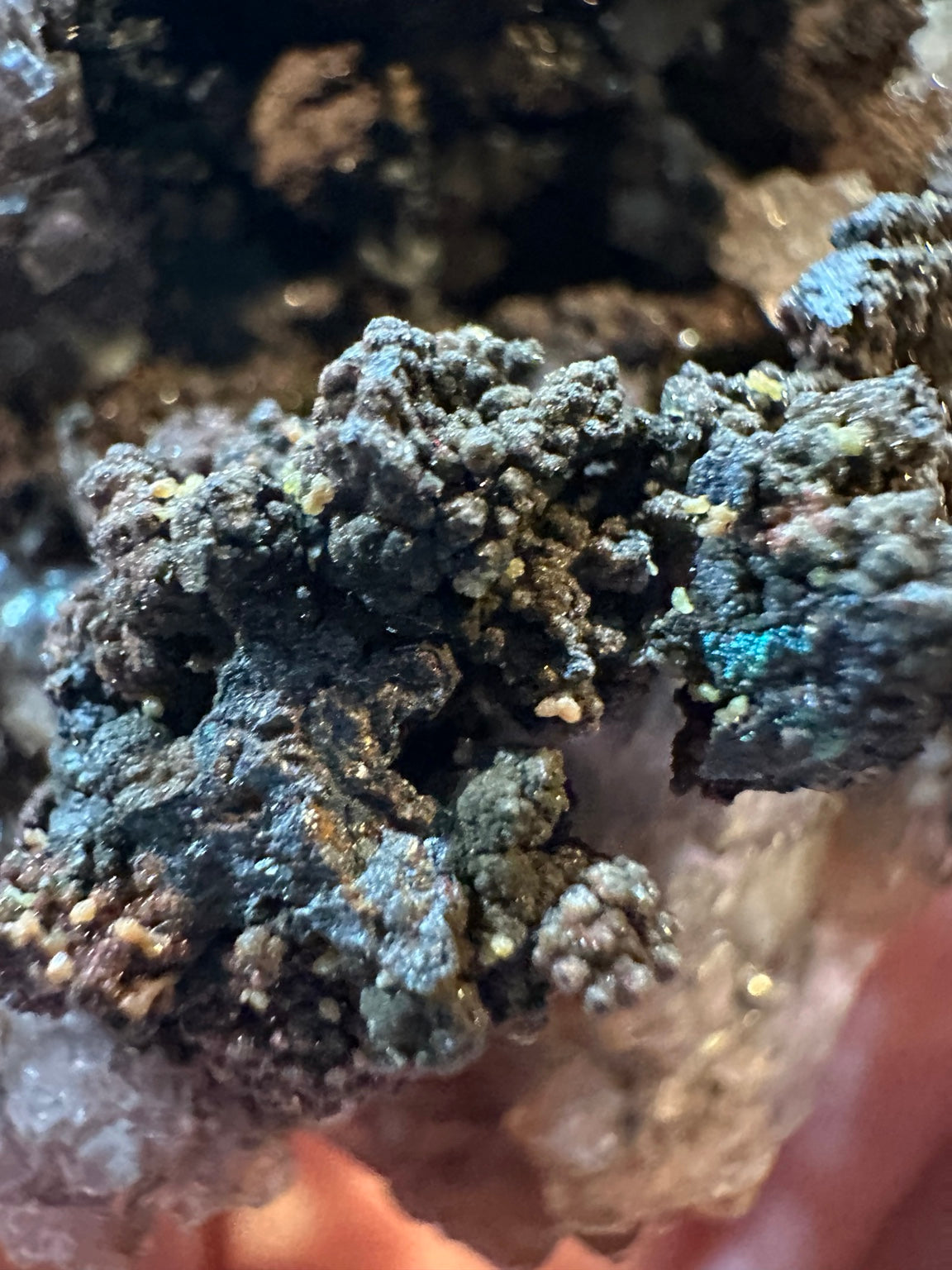 Close view of iron oxide matrix and calcite crystals, Mexico