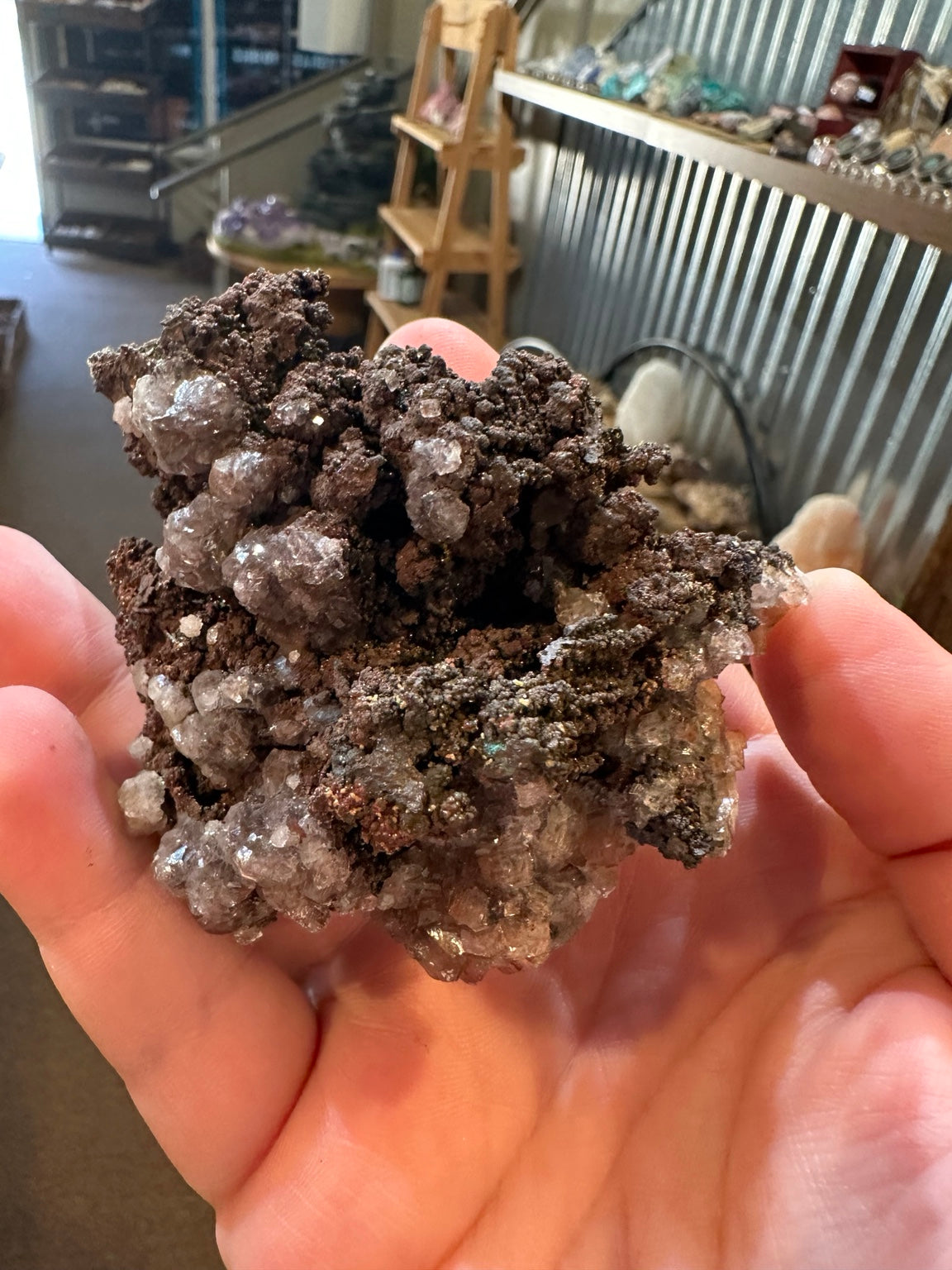 Calcite on botryoidal goethite, collector mineral display view
