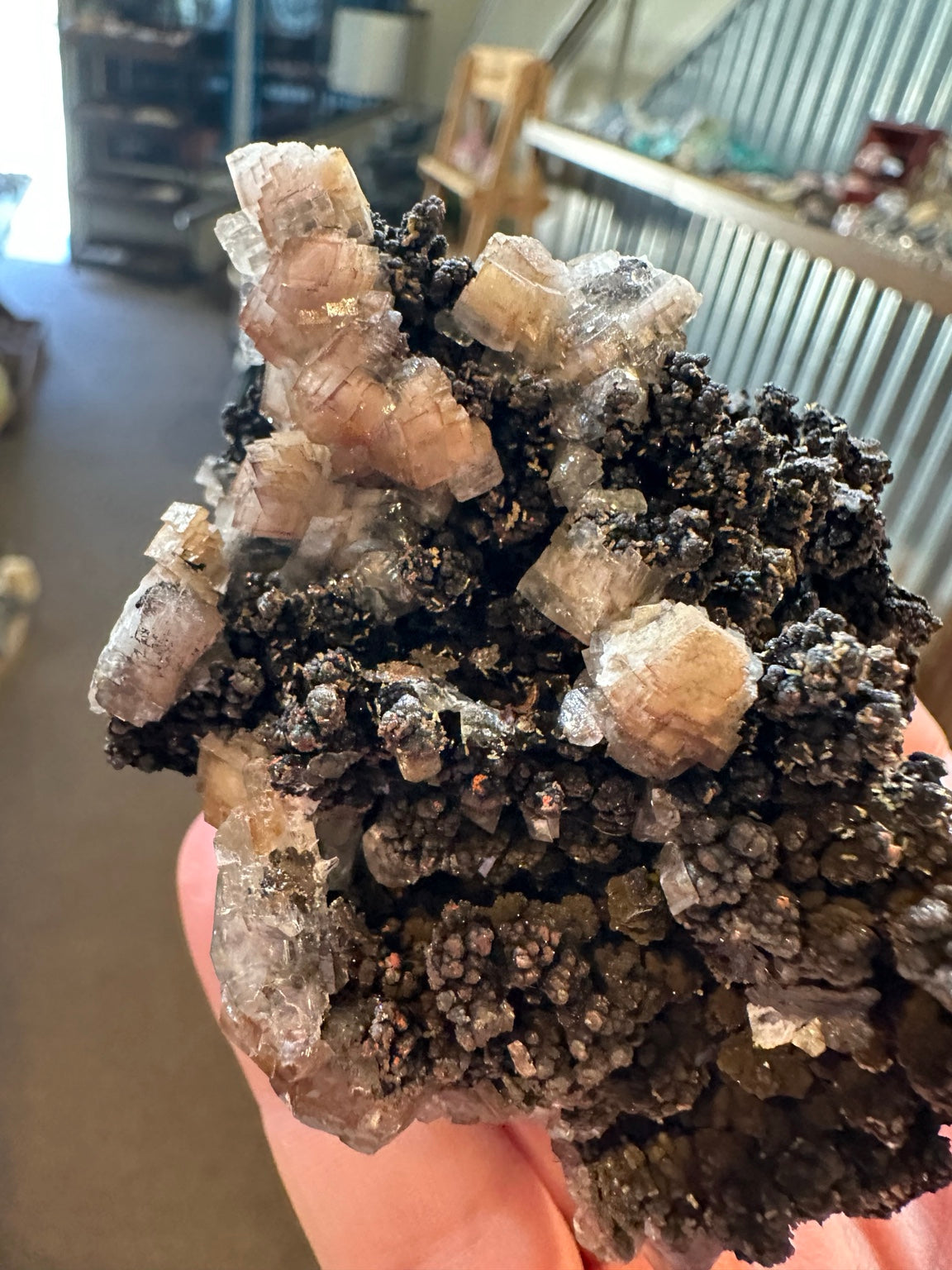 Mexican calcite and botryoidal goethite mineral specimen, reverse view