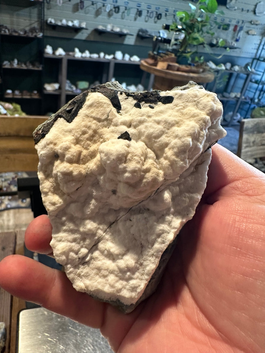 Comstock Lode botryoidal calcite with dark prismatic crystals from Virginia City Nevada, 13.2 oz, full display view