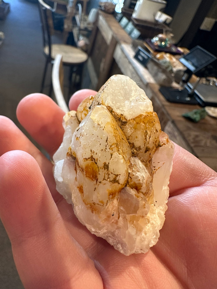 Comstock Lode iron-stained quartz and calcite crystal cluster from Virginia City Nevada, 3.2 oz, full specimen view