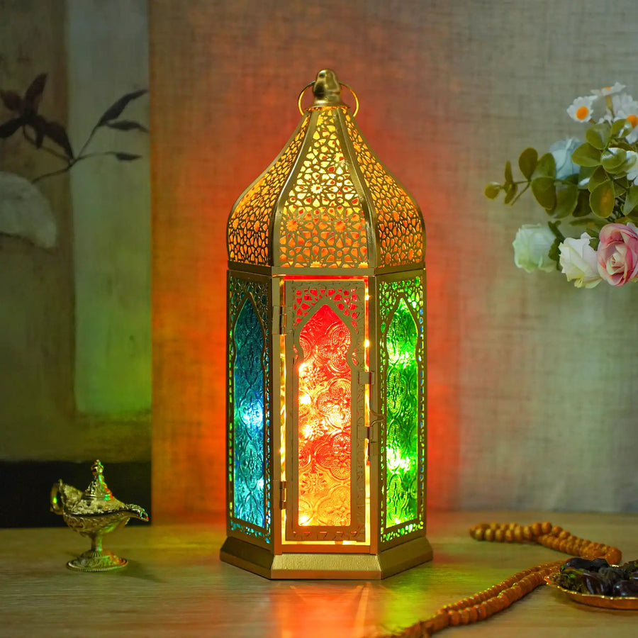 12'' Gold Hexagonal  Moroccan Candle Lantern