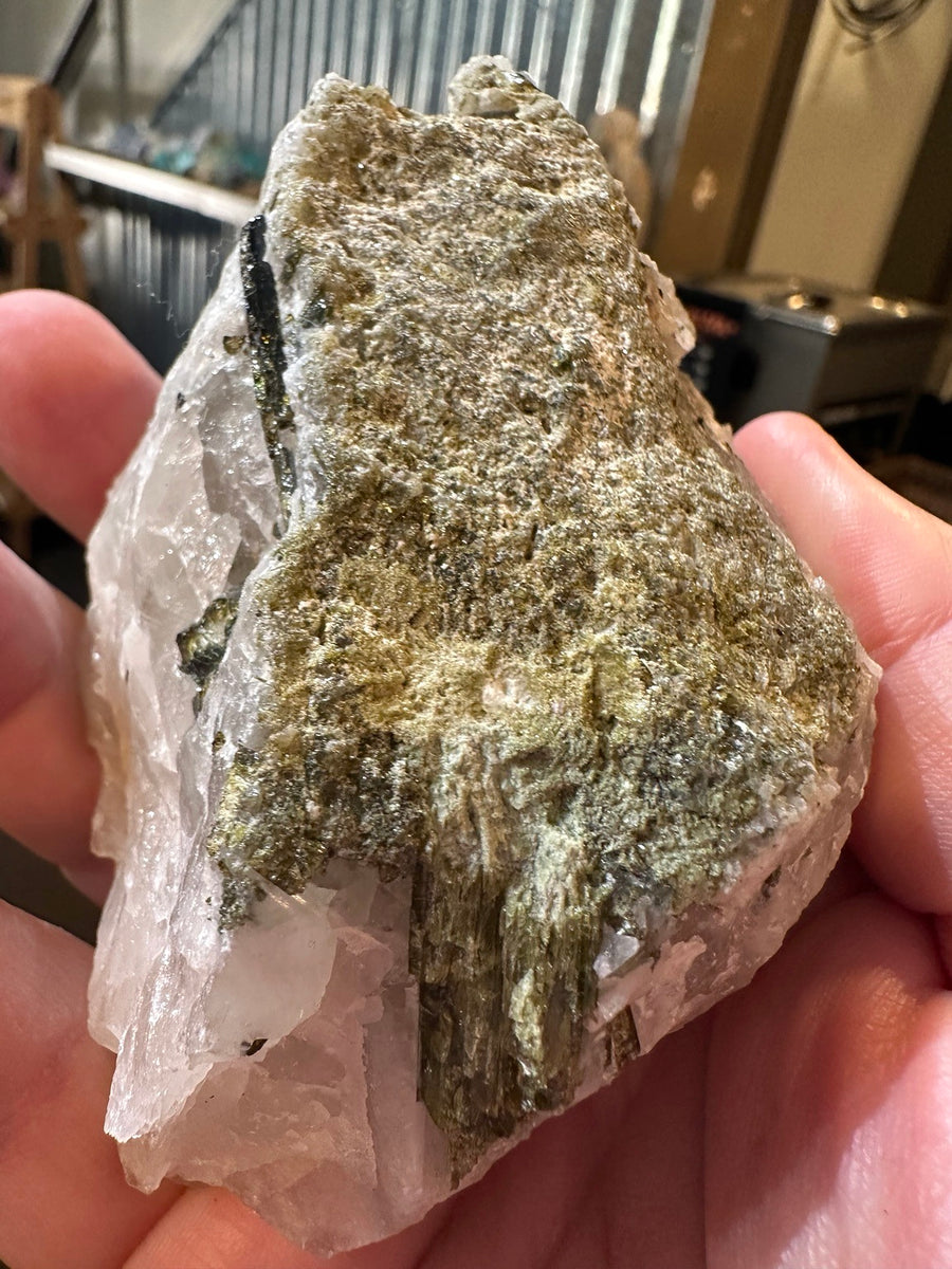 Epidote crystals in quartz matrix, locality unknown — 13.1 oz, view 1