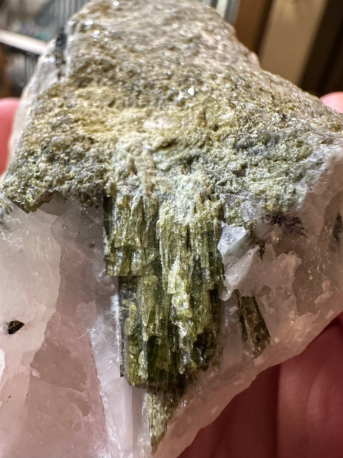 Epidote crystals in quartz matrix, locality unknown — 13.1 oz, view 2