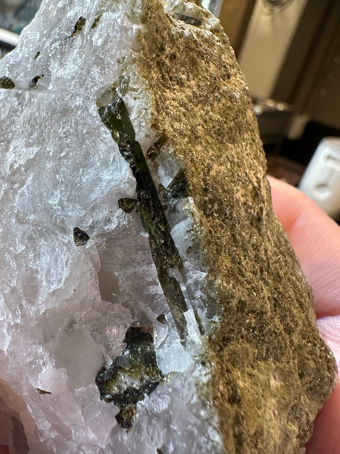Epidote crystals in quartz matrix, locality unknown — 13.1 oz, view 3