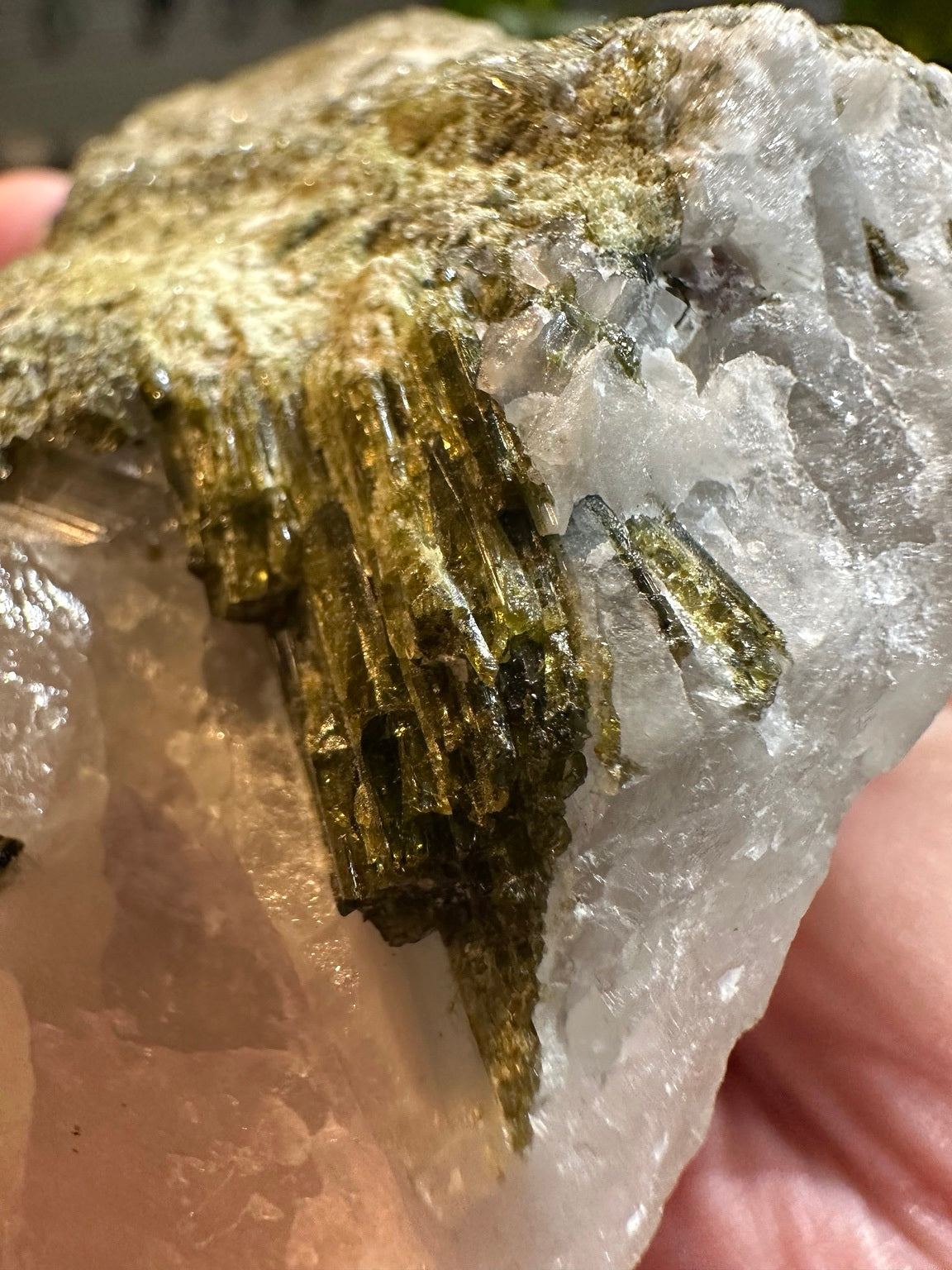 Epidote crystals in quartz matrix, locality unknown — 13.1 oz, view 5
