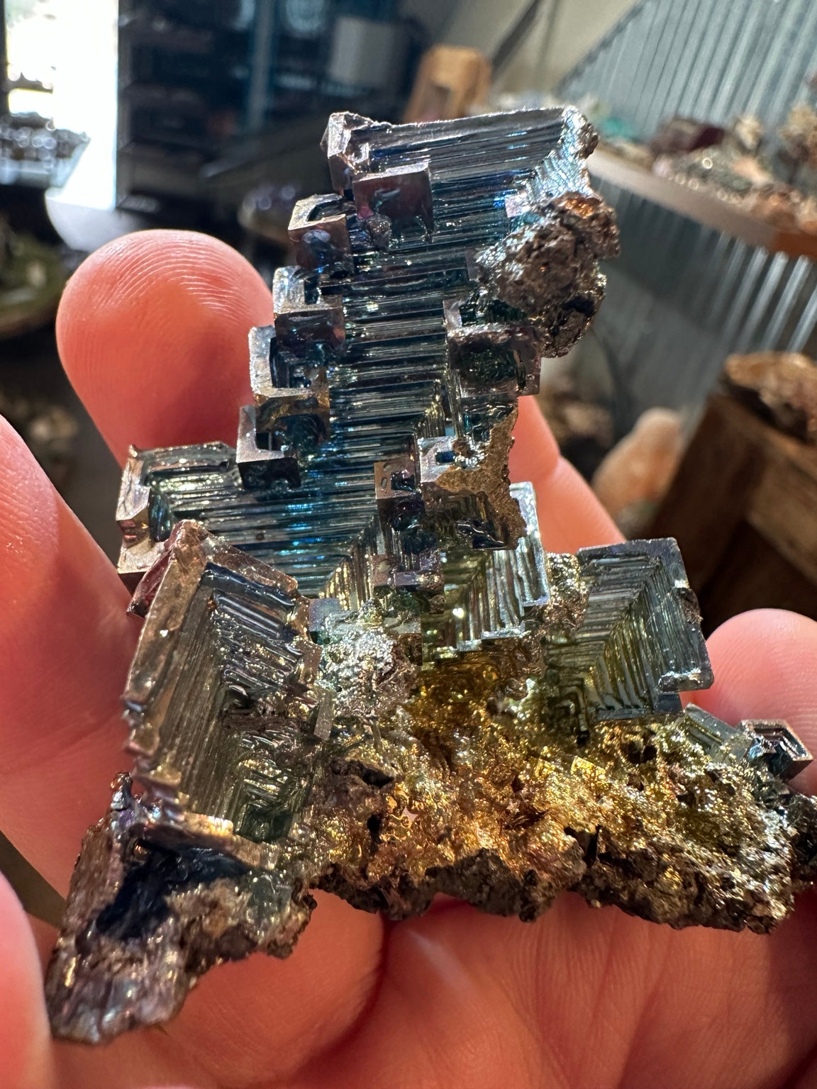 4.1 ounce lab grown bismuth geometric hopper crystal rainbow iridescence, photo 3