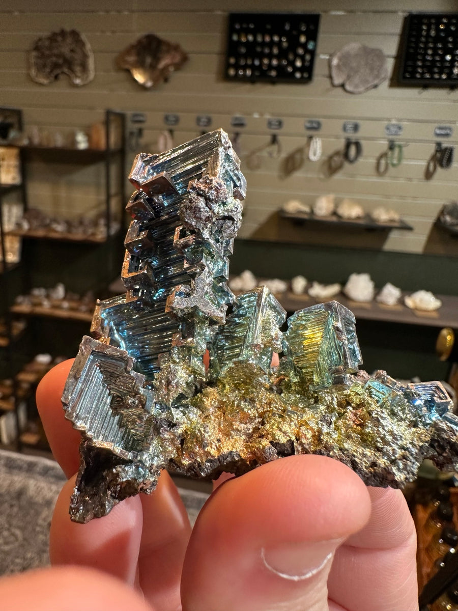 4.1 ounce lab grown bismuth geometric hopper crystal rainbow iridescence, photo 1