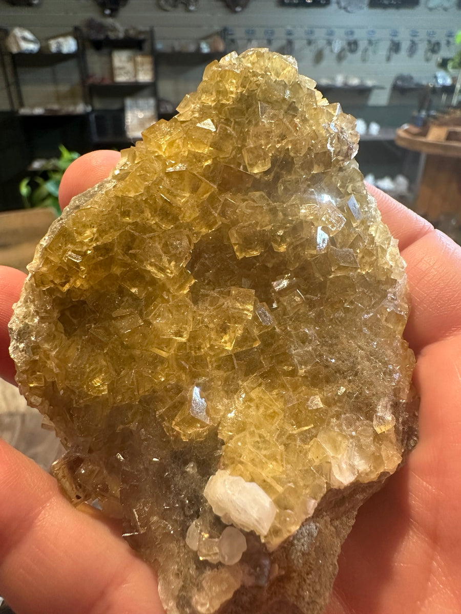 Honey-yellow fluorite with white calcite crystal cluster from Kentucky, 7.1 oz — view 1