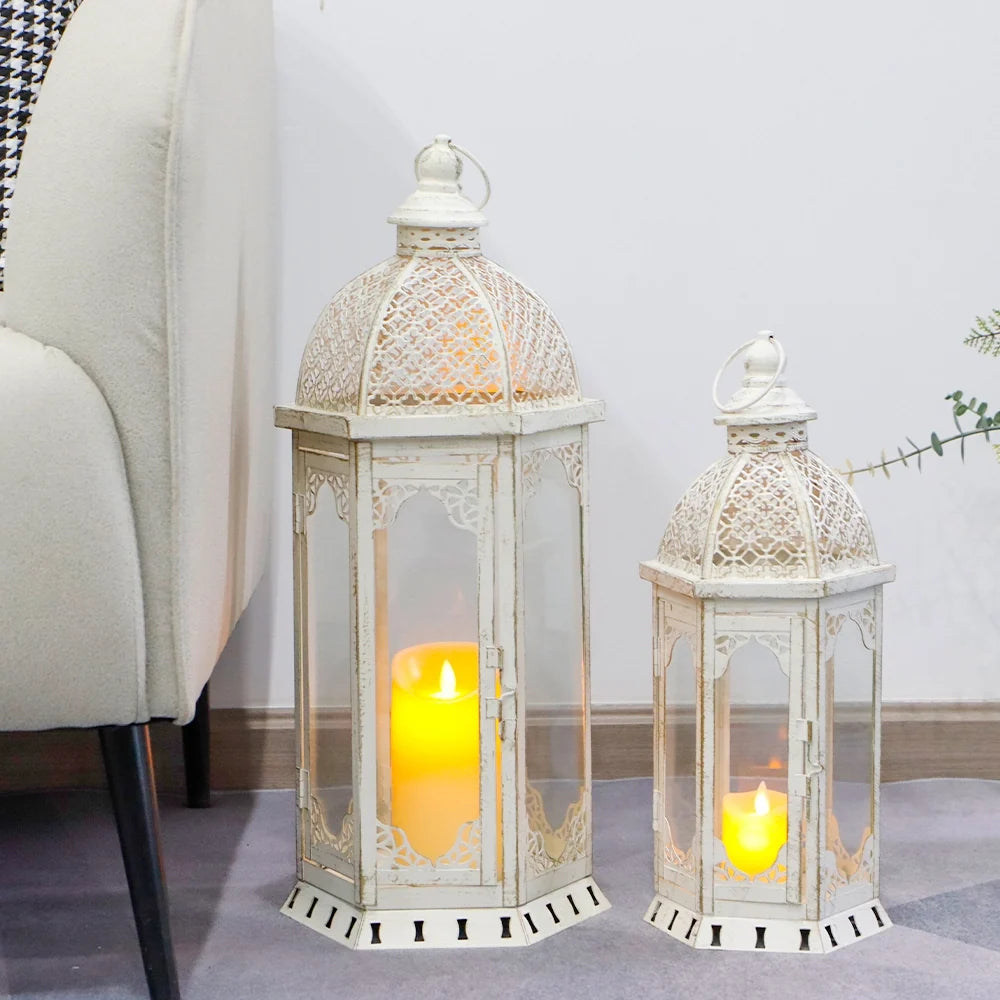 Set of 2-22"&17"H Vintage Metal Candle Lanterns(Grey with Black Brush)
