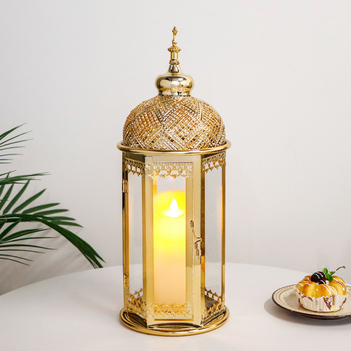 Moroccan Candle Lantern 17'' Gold Hexagonal Candle Holder