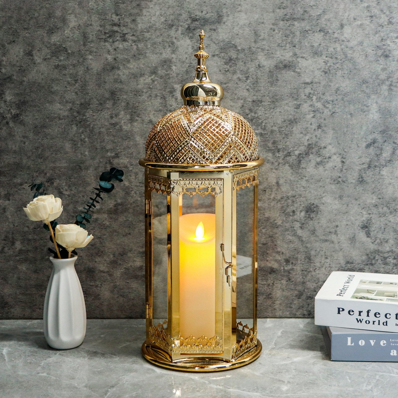 Moroccan Candle Lantern 17'' Gold Hexagonal Candle Holder