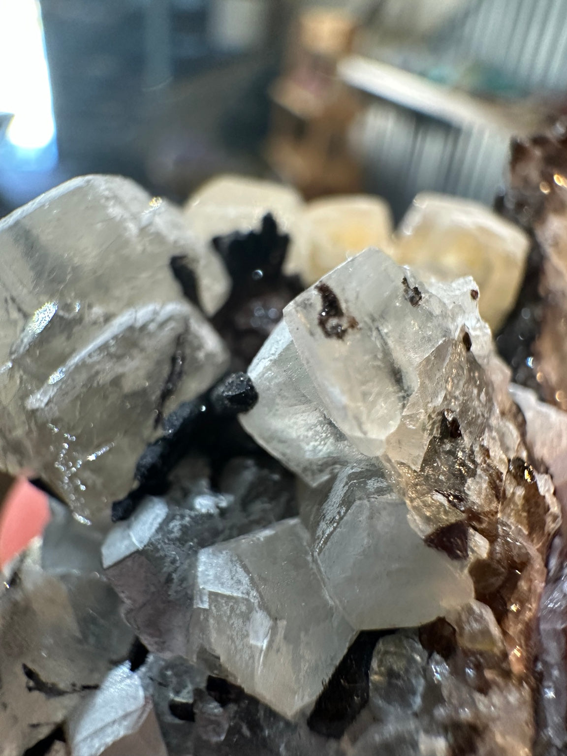 Mexican fluorite crystal cluster with dark associated prismatic crystals, view 2
