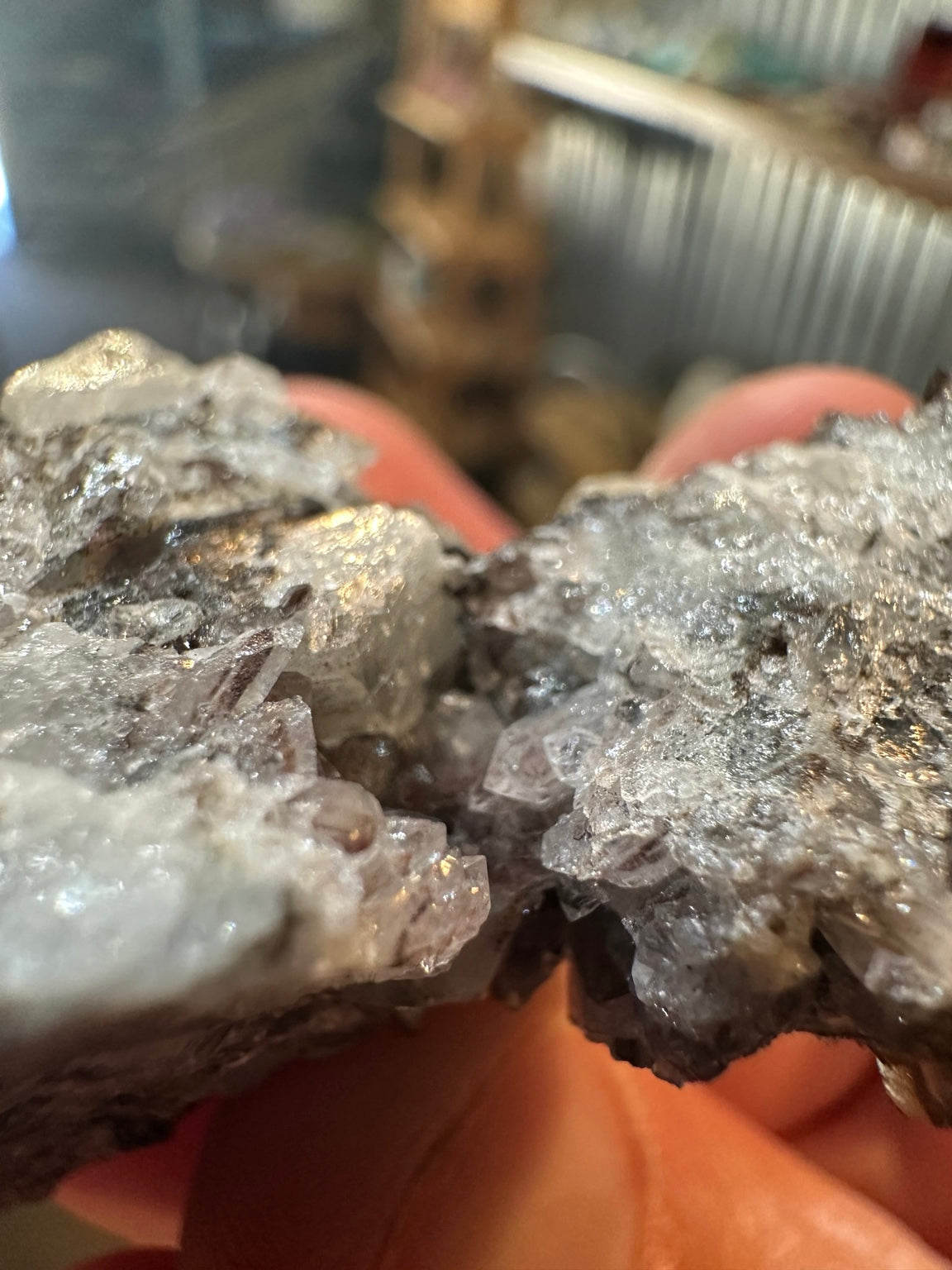 Mexican fluorite crystal cluster with dark associated prismatic crystals, view 3