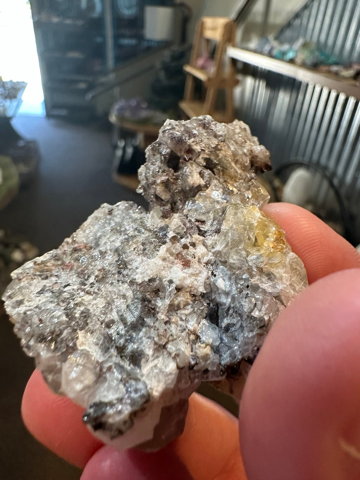 Mexican fluorite crystal cluster with dark associated prismatic crystals, view 4