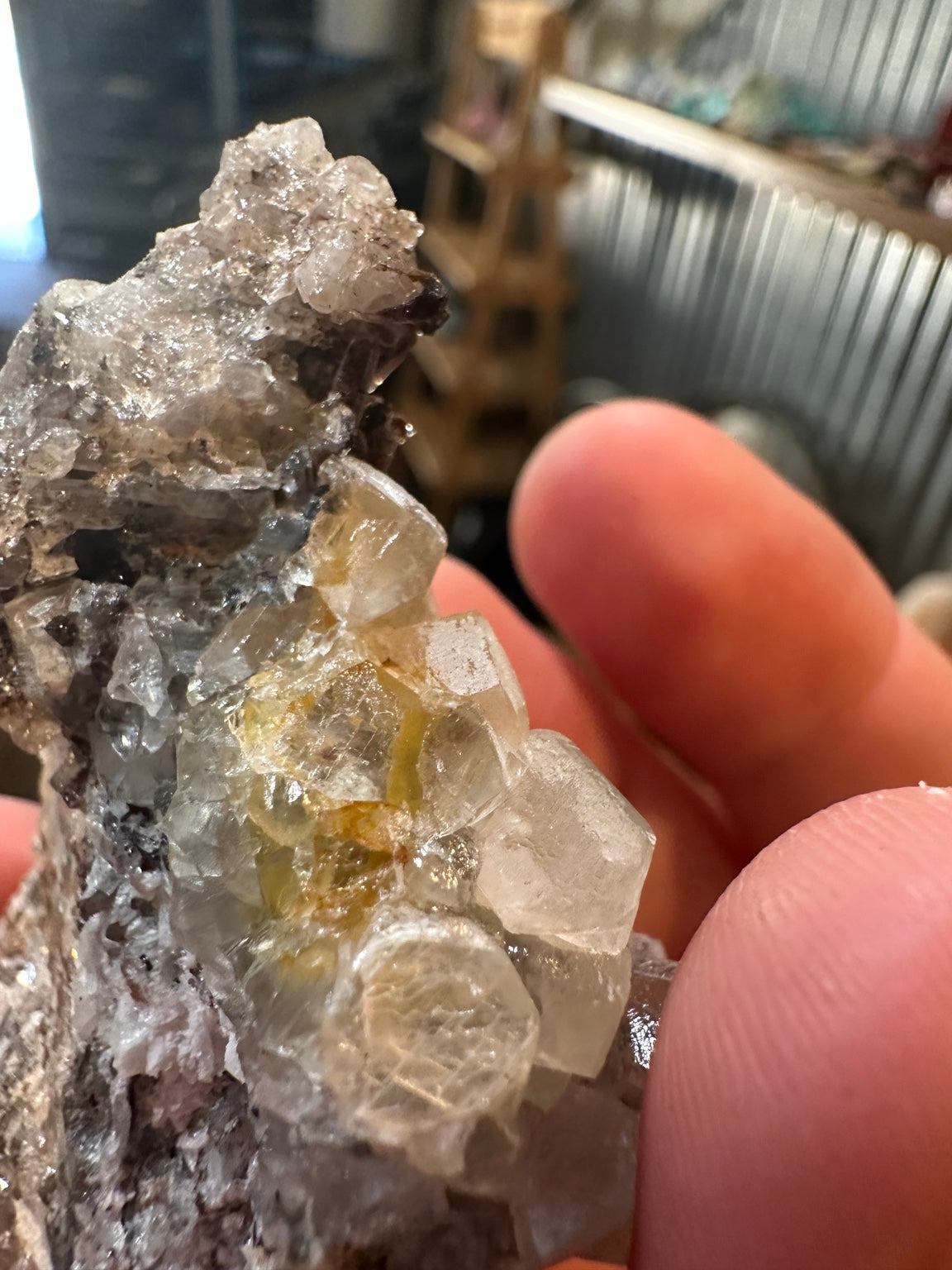 Mexican fluorite crystal cluster with dark associated prismatic crystals, view 5