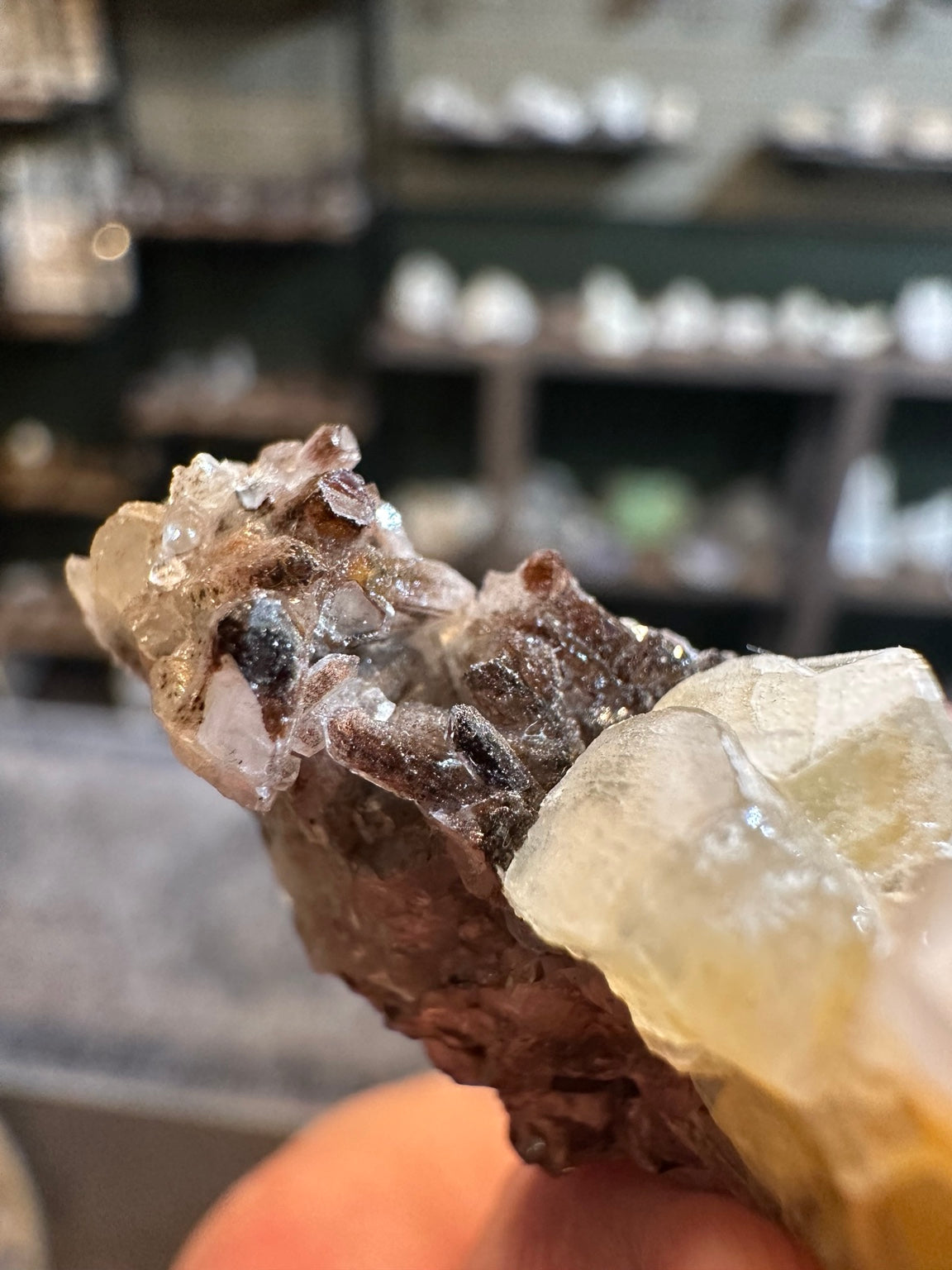 Mexican fluorite crystal cluster with dark associated prismatic crystals, view 7