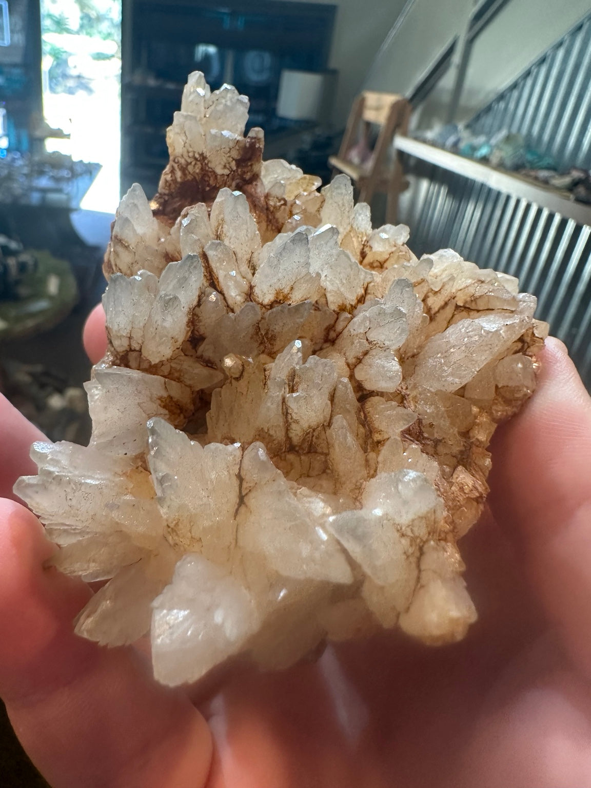 Iron-stained quartz crystal cluster on matrix from Mexico — view 1 of 8