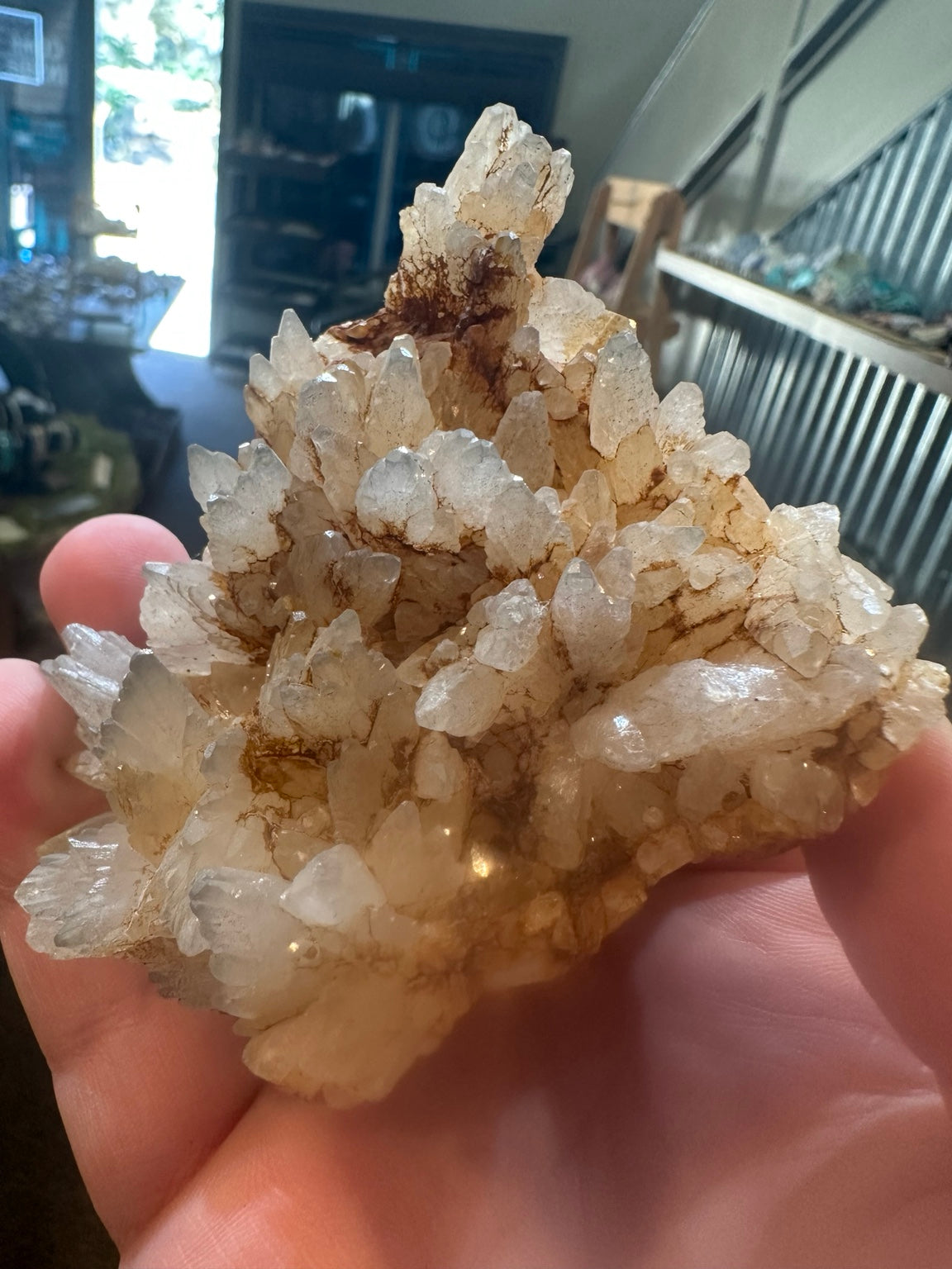 Iron-stained quartz crystal cluster on matrix from Mexico — view 2 of 8