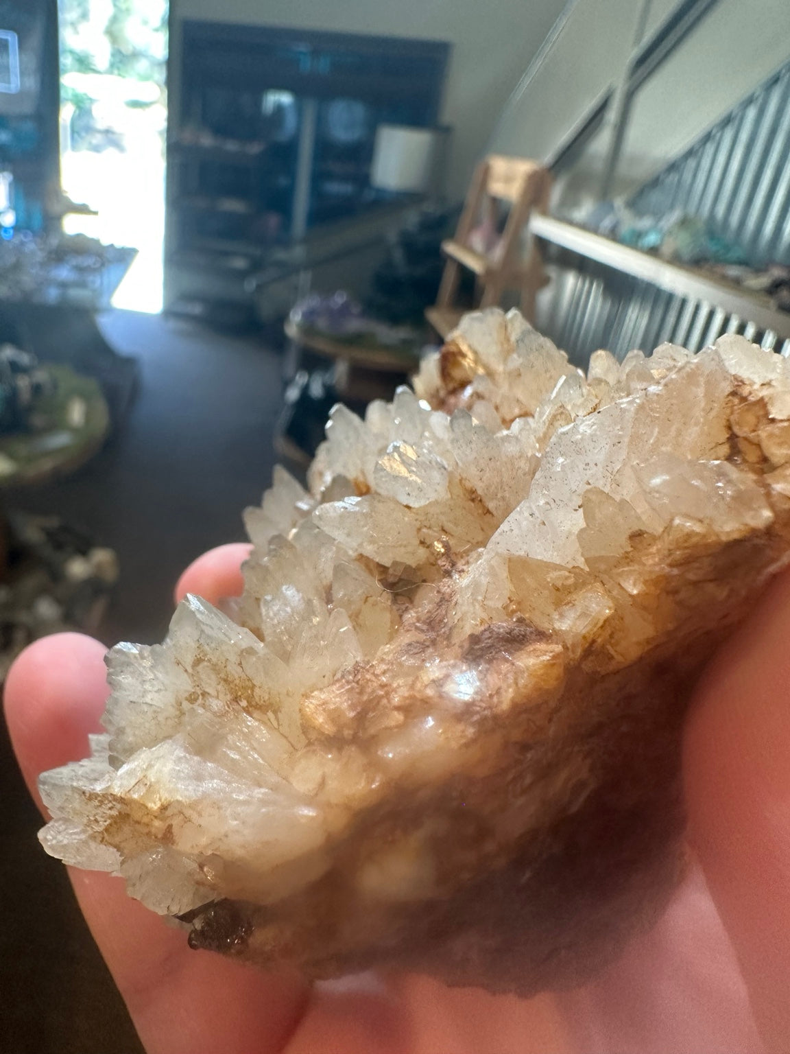 Iron-stained quartz crystal cluster on matrix from Mexico — view 3 of 8