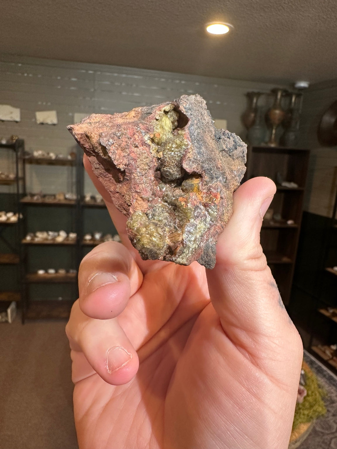 Olive-yellow vesuvianite candidate in rust colored matrix, Mexico Lake Jaco attributed, photo 5