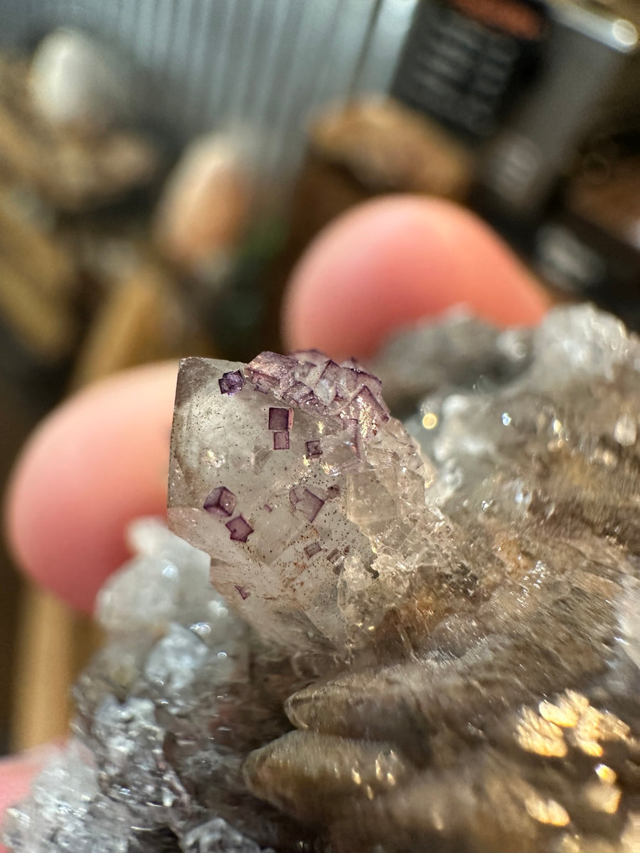 Purple fluorite cubic microcrystals on probable quartz from Mexico, photograph 1