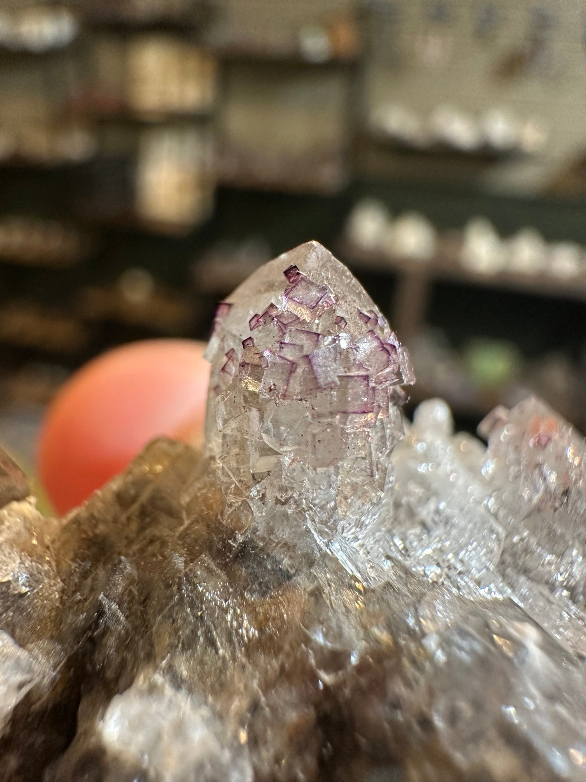 Purple fluorite cubic microcrystals on probable quartz from Mexico, photograph 4