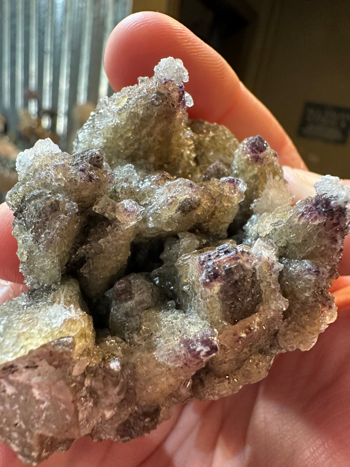 Nevada barite with purple fluorite overgrowth, 5.9 oz, crystal close-up