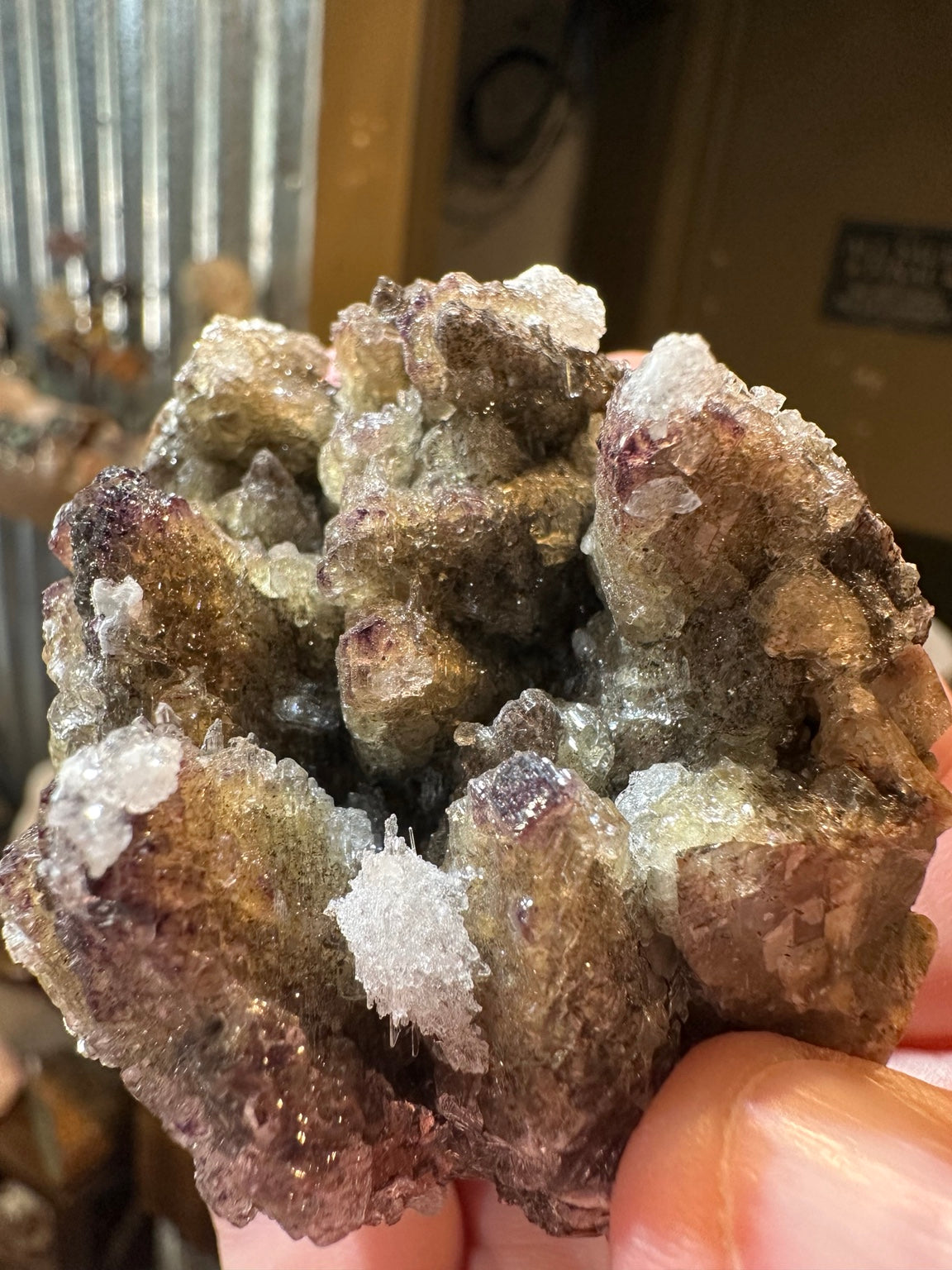 Nevada barite with purple fluorite overgrowth, 5.9 oz, sparkling druse detail