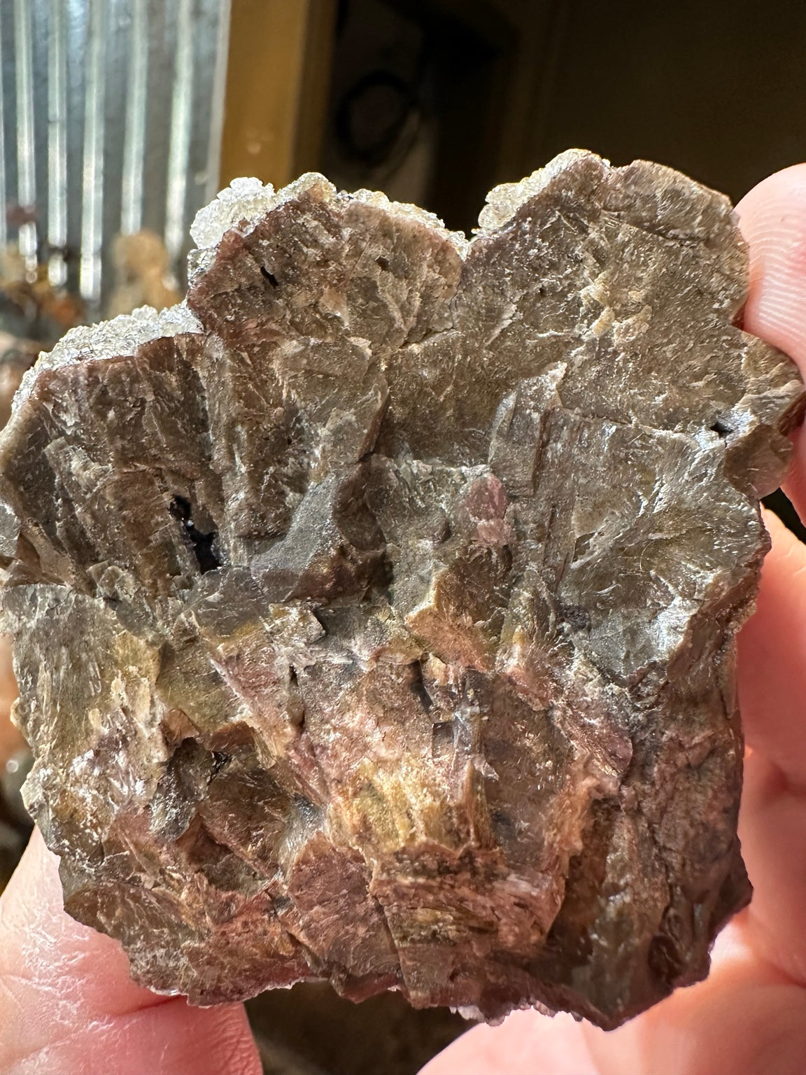 Nevada barite with purple fluorite overgrowth, 5.9 oz, back plate view