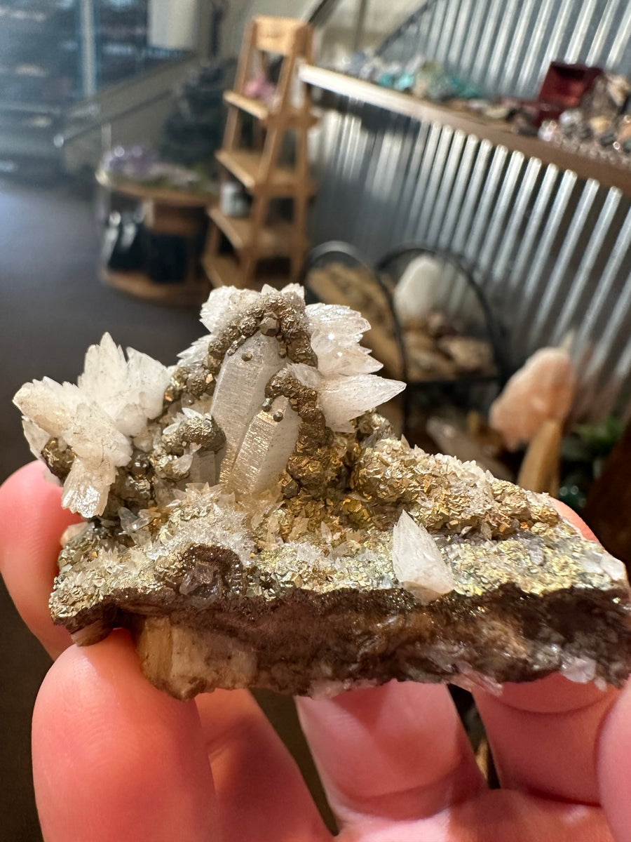 Nevada pyrite and white radiating bladed mineral specimen, photo 1