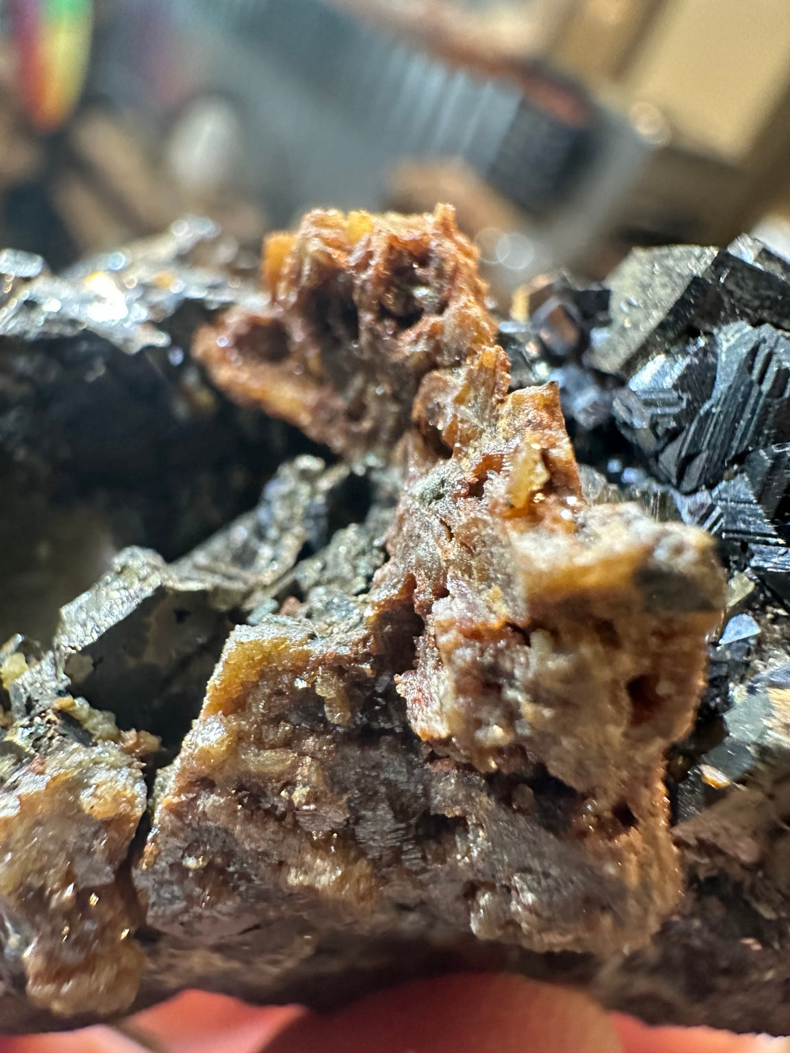 Reported Nevada 6.1 oz mixed sulfide specimen with dark lustrous crystals and rust orange mineral growth; image 3