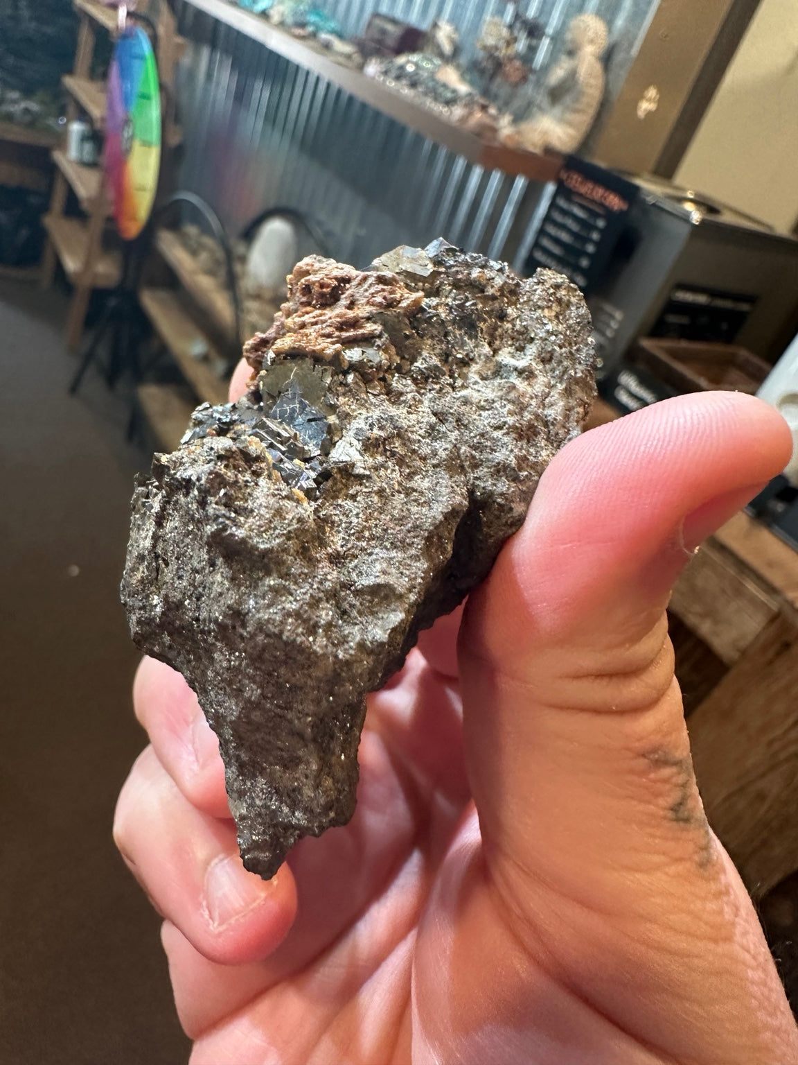 Reported Nevada 6.1 oz mixed sulfide specimen with dark lustrous crystals and rust orange mineral growth; image 4