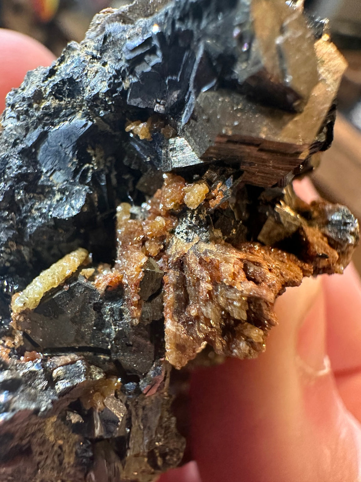 Reported Nevada 6.1 oz mixed sulfide specimen with dark lustrous crystals and rust orange mineral growth; image 5