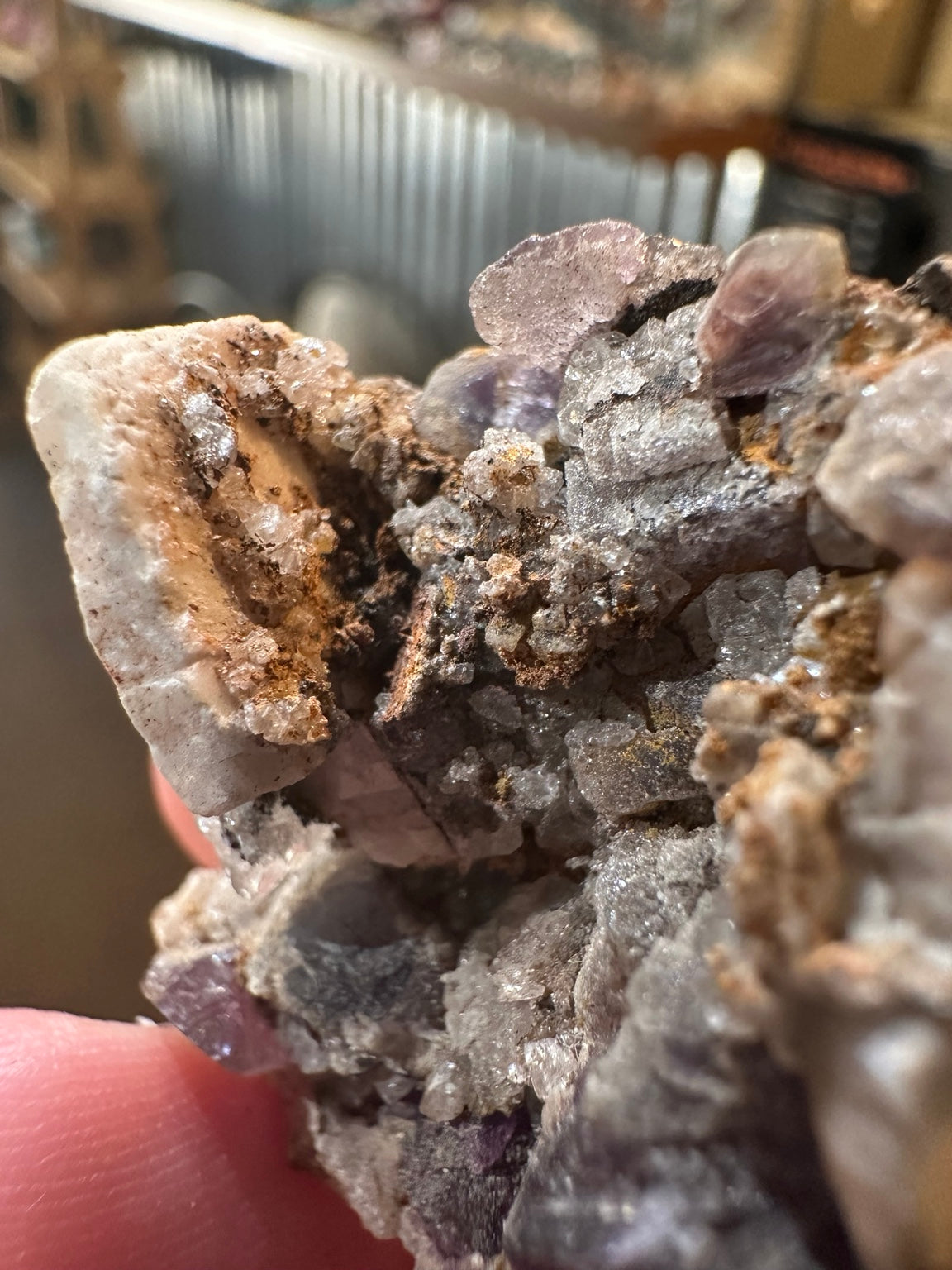 Purple fluorite crystal cluster on quartz-rich matrix from Mexico — view 2