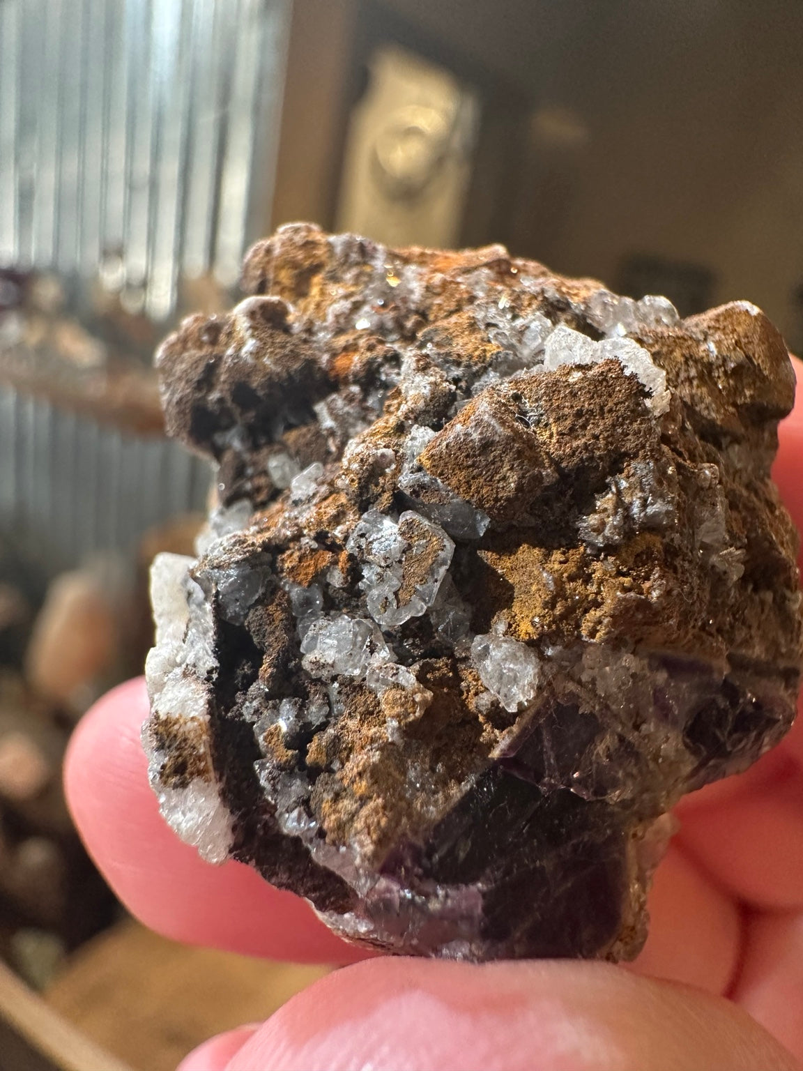 Purple fluorite crystal cluster on quartz-rich matrix from Mexico — view 5