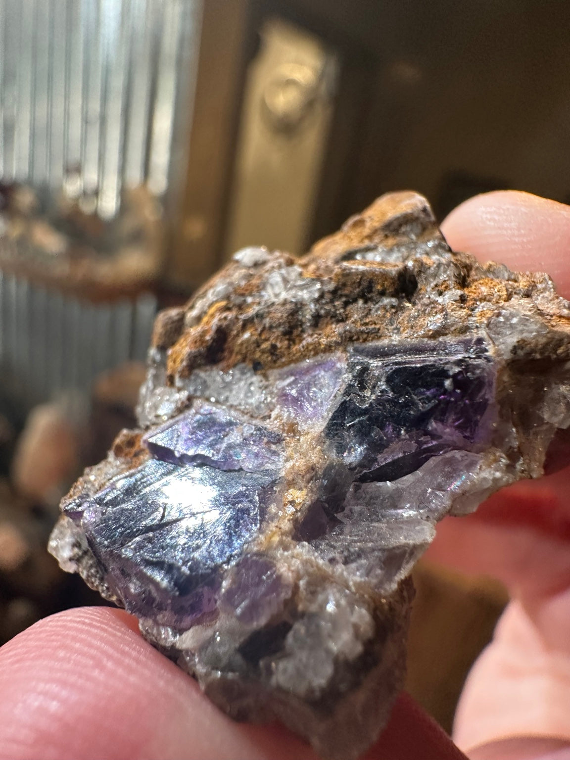 Purple fluorite crystal cluster on quartz-rich matrix from Mexico — view 6