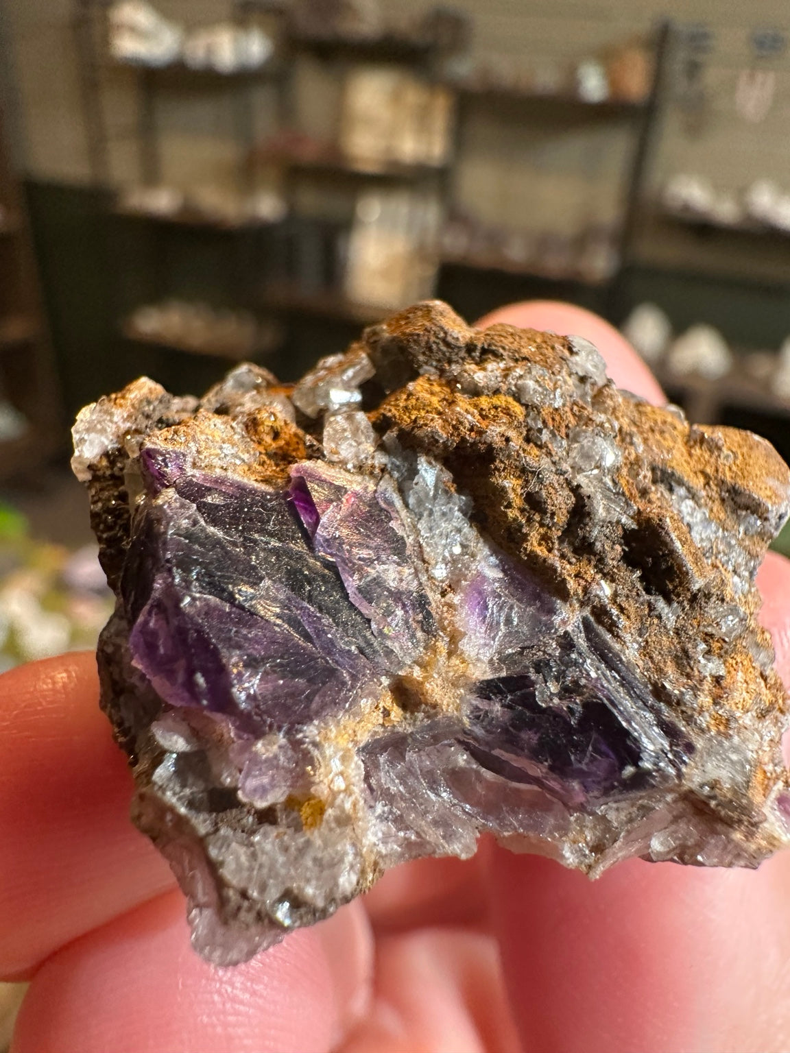 Purple fluorite crystal cluster on quartz-rich matrix from Mexico — view 9