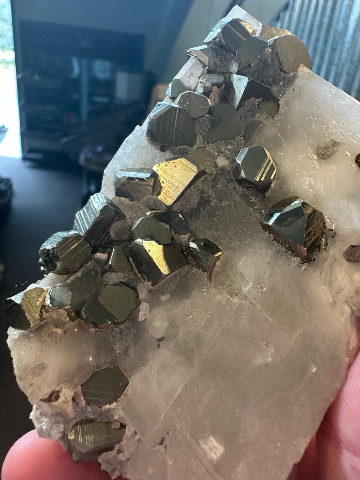 17.6 oz pyrite crystal cluster with golden striated crystals on white mineral matrix, photo 2