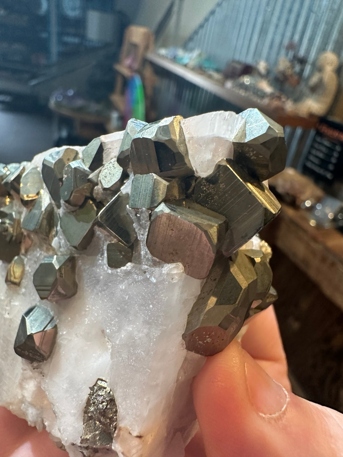 17.6 oz pyrite crystal cluster with golden striated crystals on white mineral matrix, photo 3