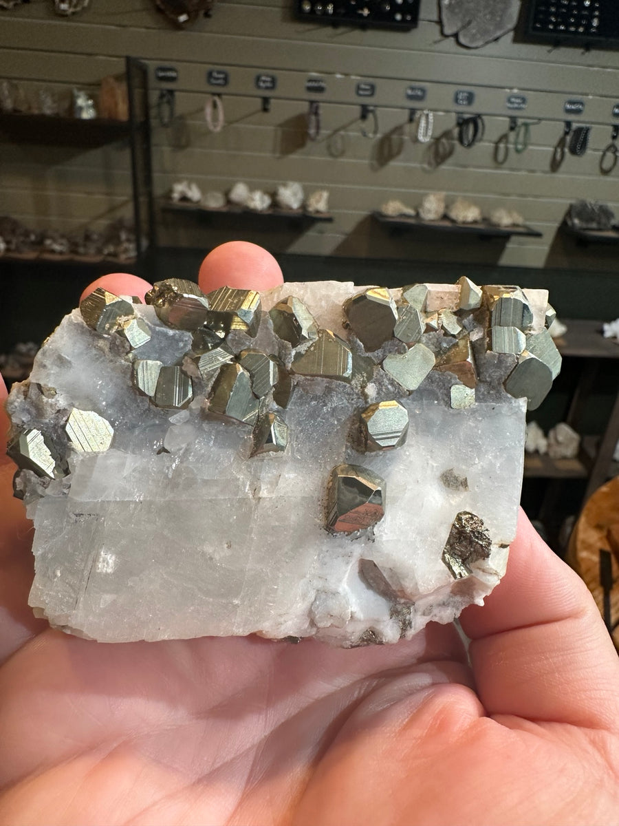 17.6 oz pyrite crystal cluster with golden striated crystals on white mineral matrix, photo 1