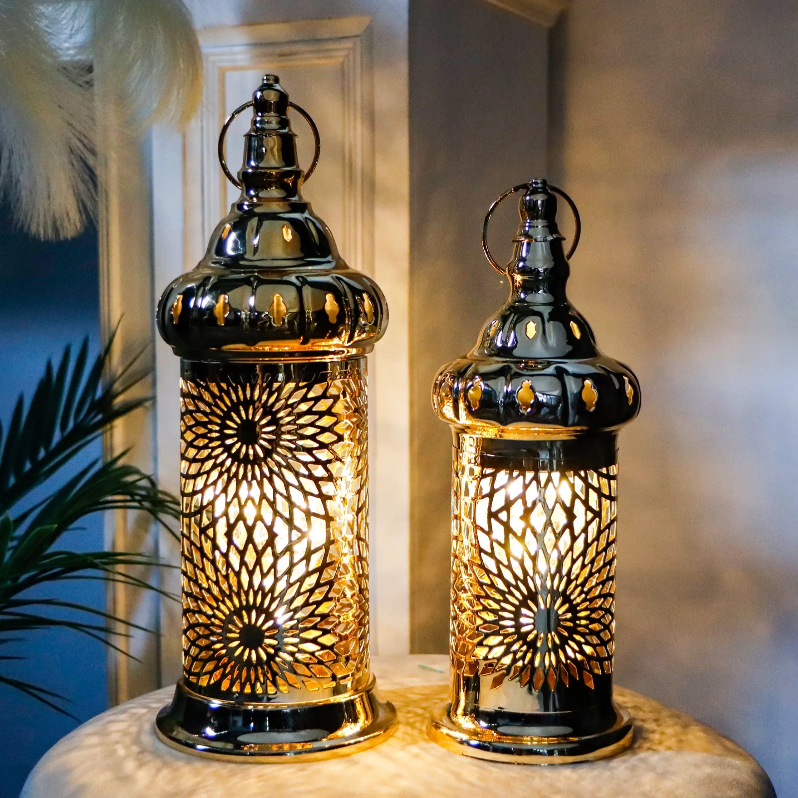 Ramadan Lanterns Set of 2 Gold Electric Candle Holders