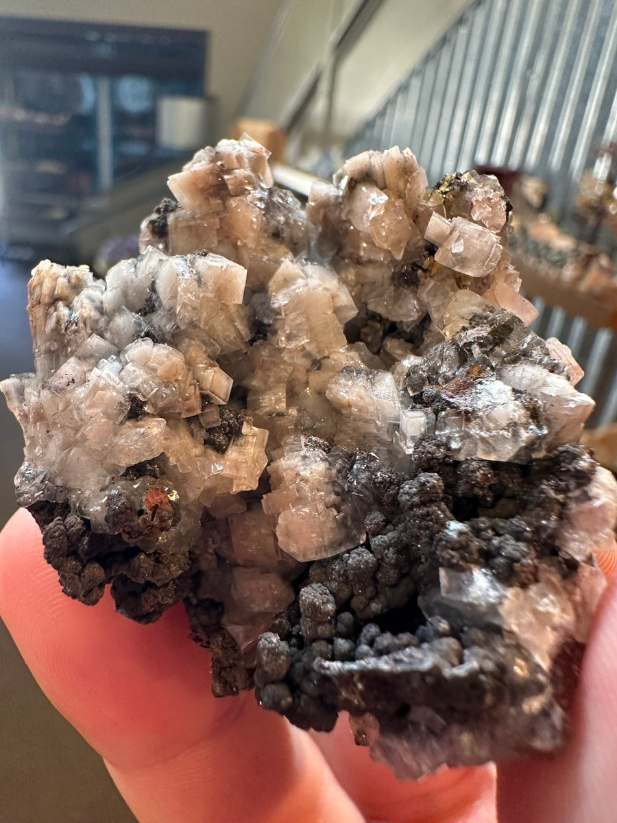 Tower Mine Luis Lopez manganese oxide with calcite crystals, New Mexico, 3.5 oz, full display view