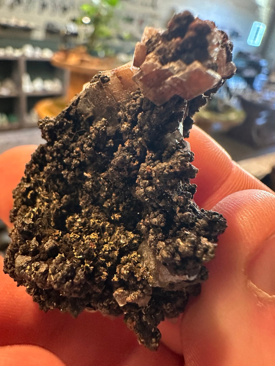 Tower Mine Luis Lopez manganese specimen with black manganese oxides and calcite, New Mexico, 1.2 oz, full view