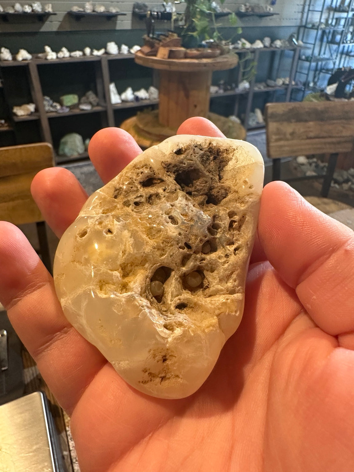 Exact polished chalcedony pocket stone with UV-reactive inclusions, 7.6 oz — view 2