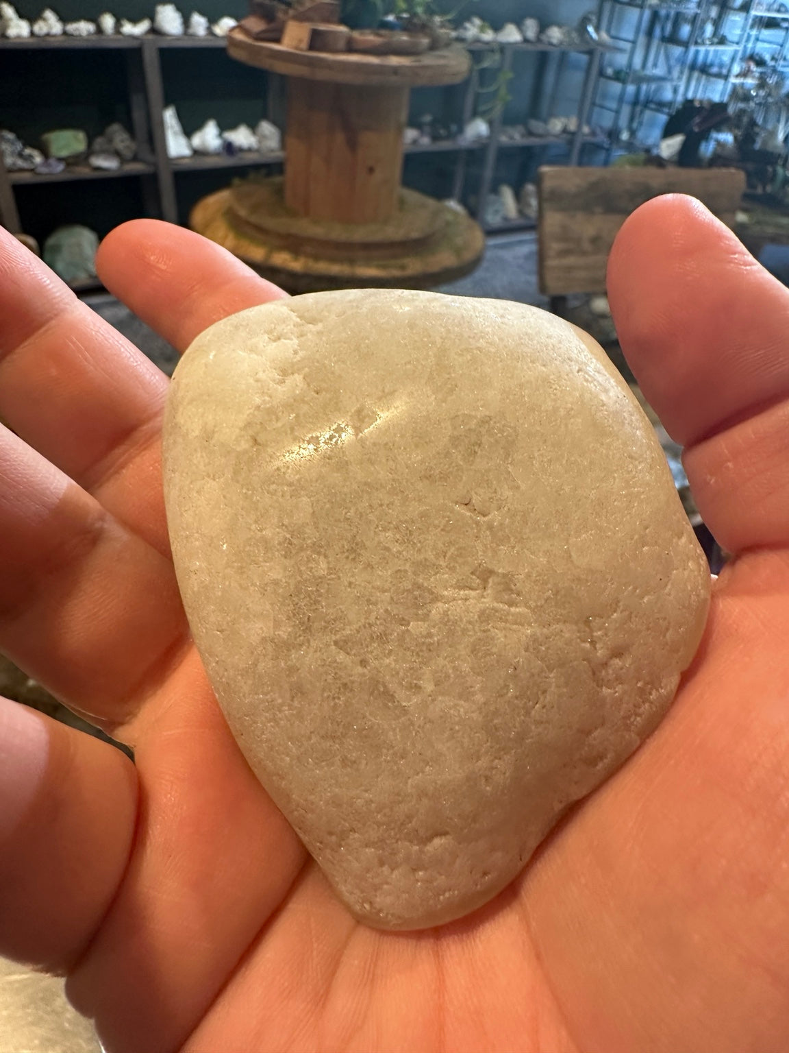 Exact polished chalcedony pocket stone with UV-reactive inclusions, 7.6 oz — view 3