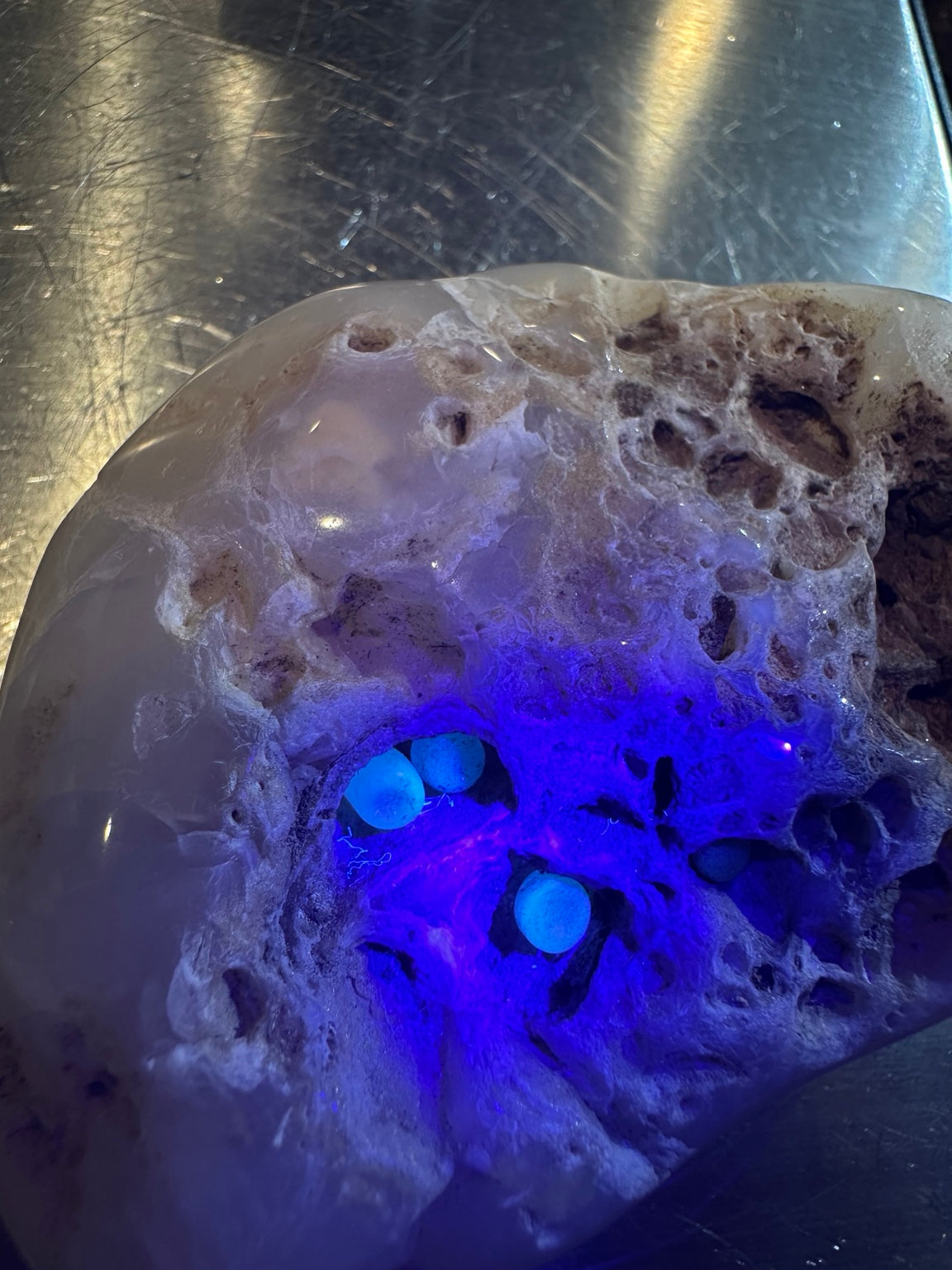 Exact polished chalcedony pocket stone with UV-reactive inclusions, 7.6 oz — view 4