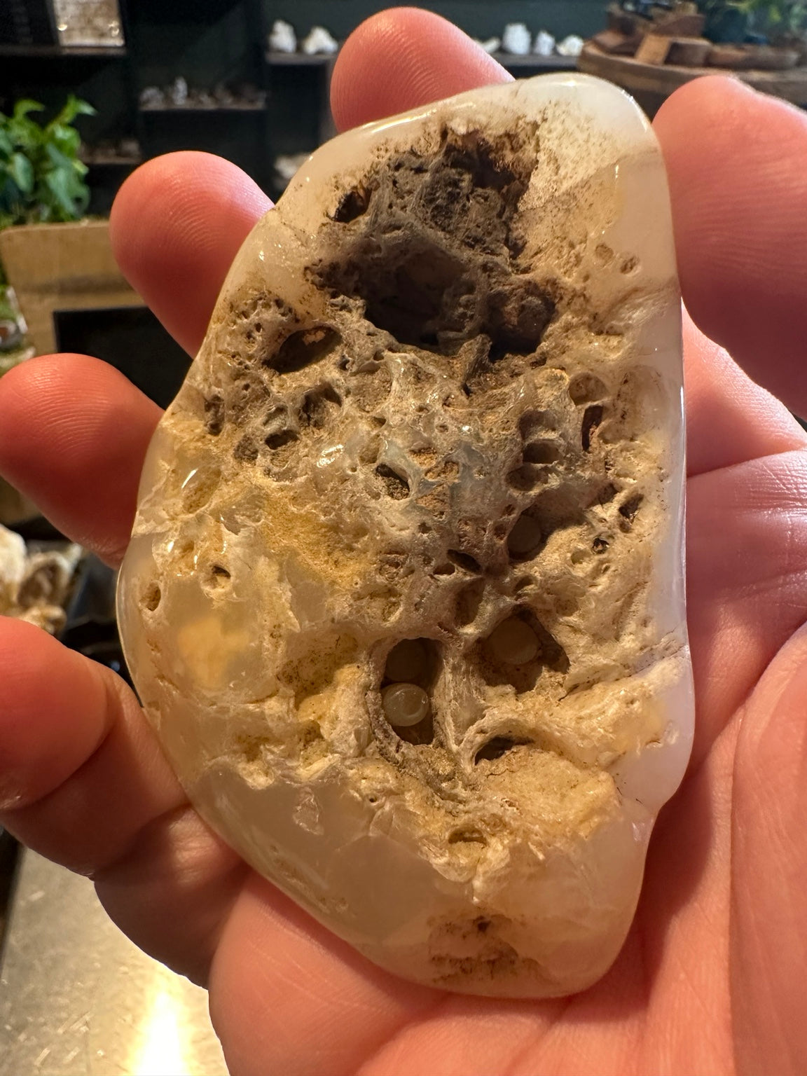 Exact polished chalcedony pocket stone with UV-reactive inclusions, 7.6 oz — view 7