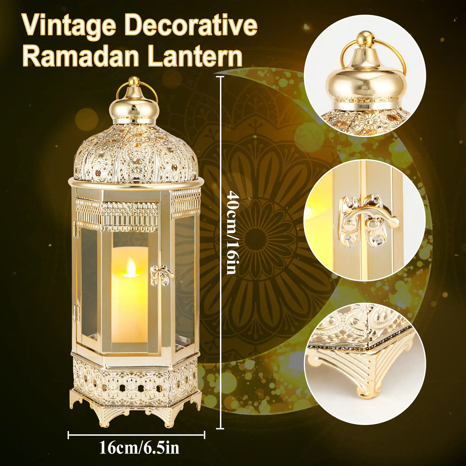 Moroccan Candle Lantern 16'' Gold Hexagonal Candle Holder
