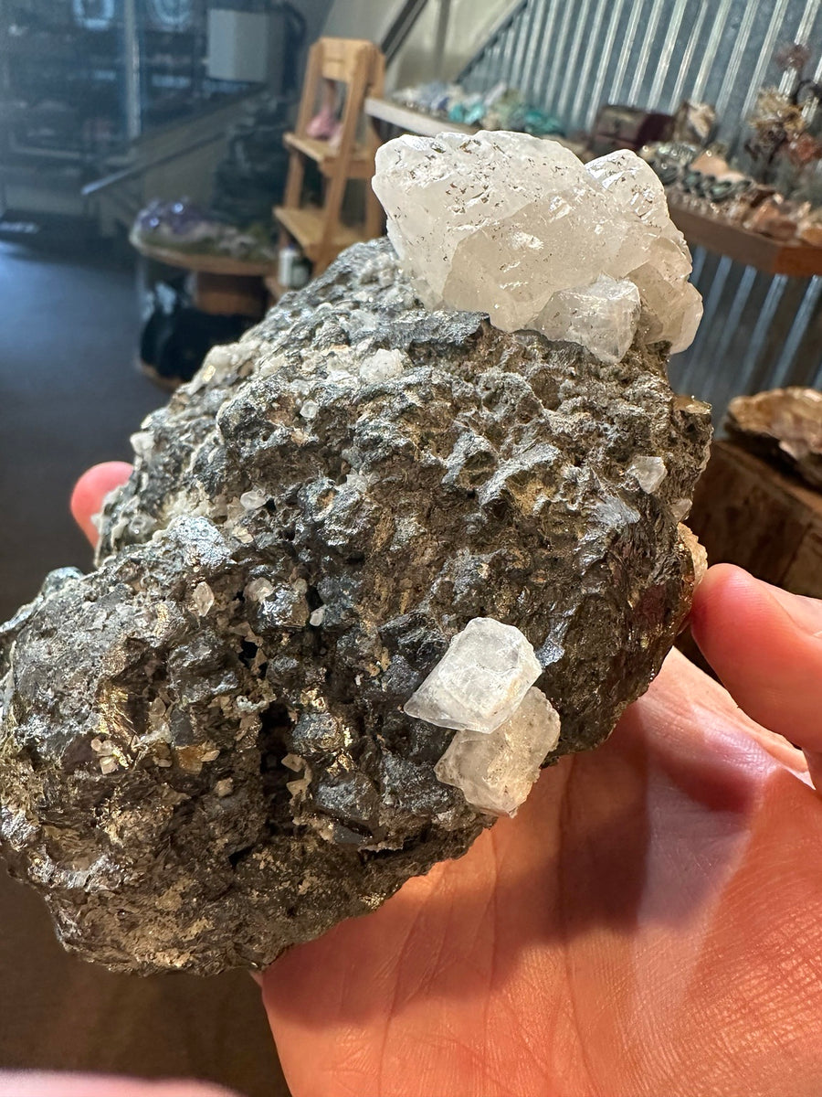 Pyrite, chalcopyrite, calcite, and quartz specimen from Zacatecas, Mexico — view 1